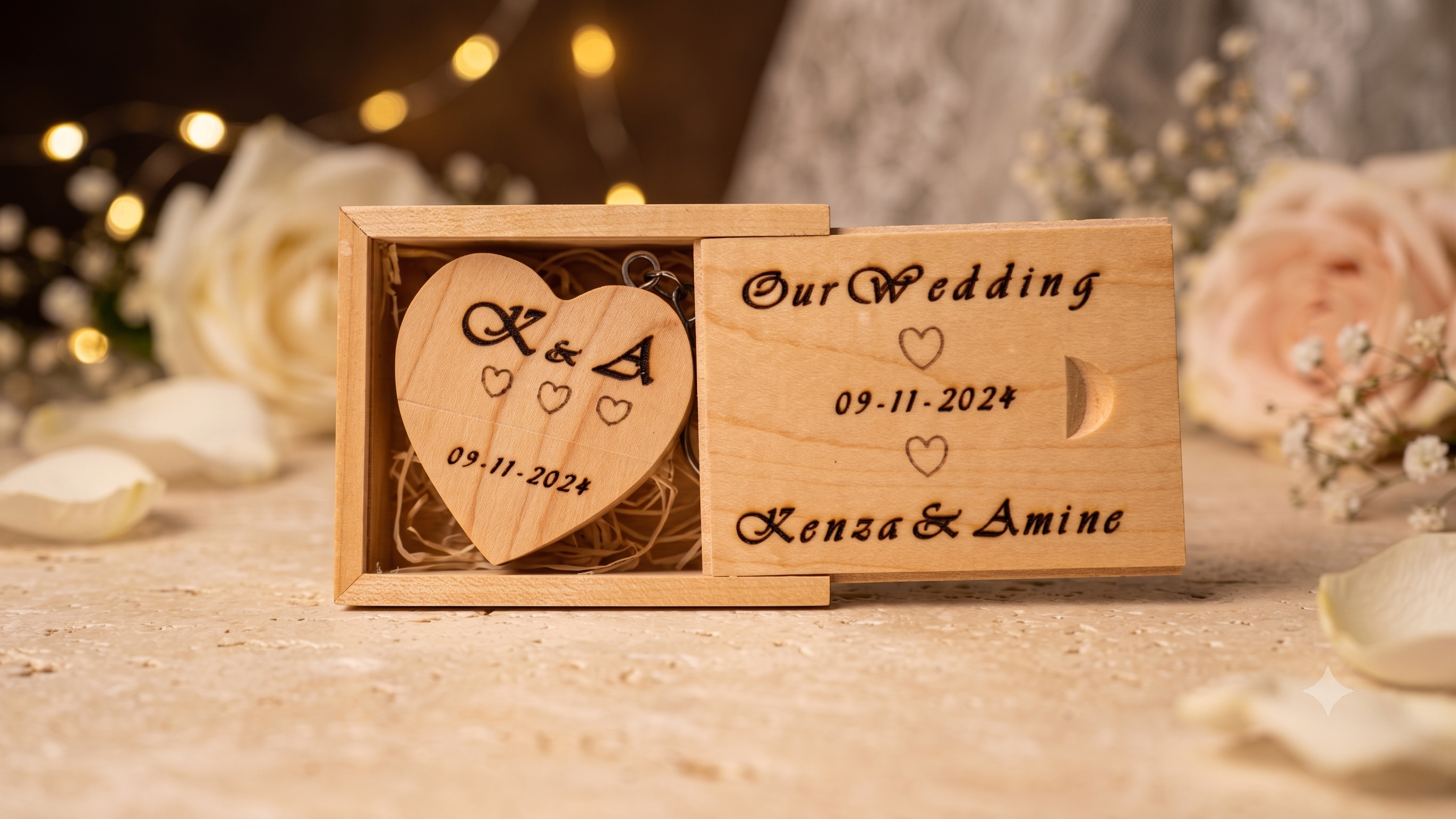 Clé USB Cœur en Bois — Gravure Personnalisée + Coffret en Bois