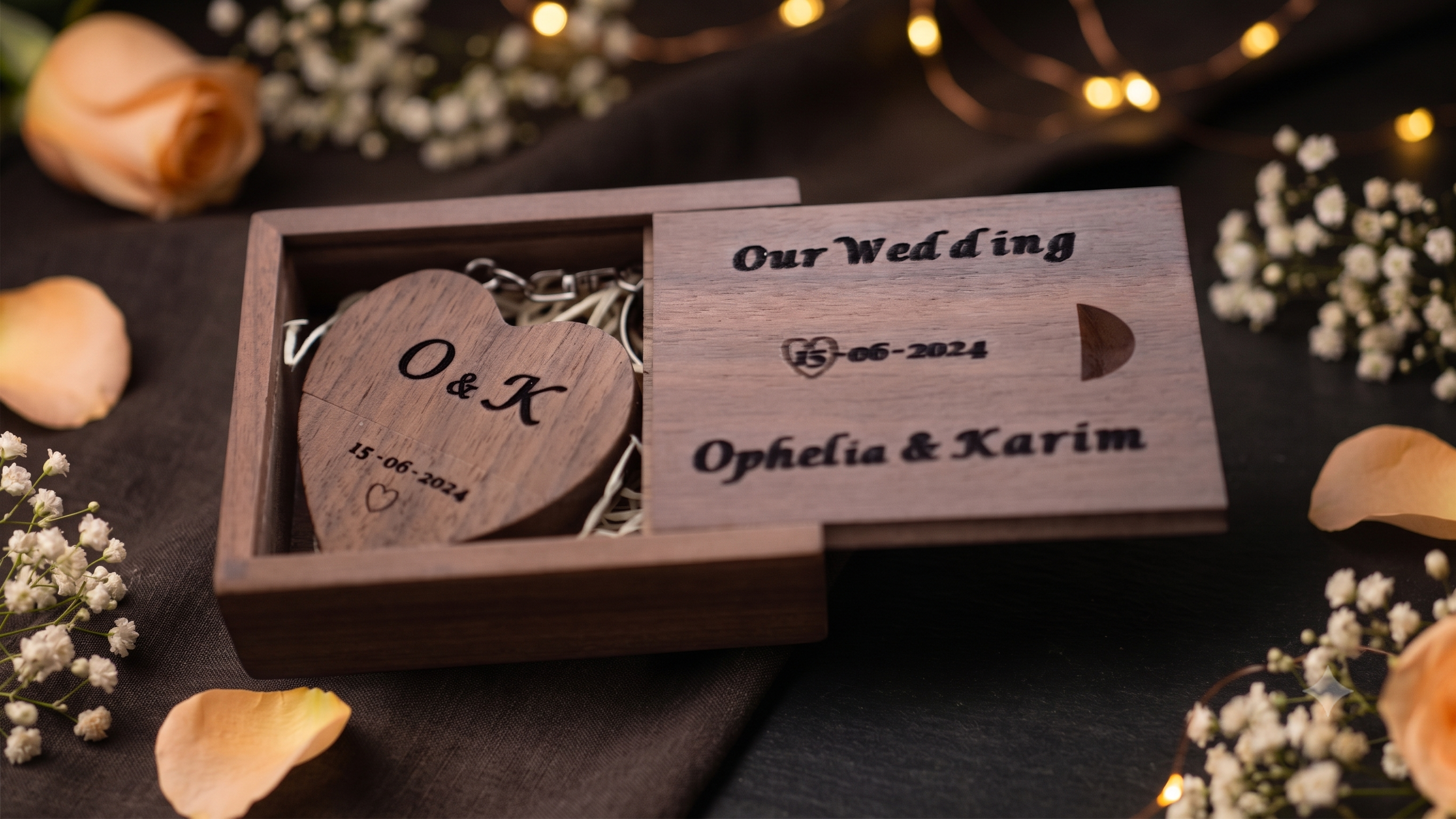 Clé USB Cœur en Bois — Gravure Personnalisée + Coffret en Bois